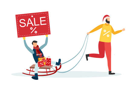 Sale, happy people and big shopping bag isolated vector illustration. Big New Year and Christmas sale.のイラスト素材