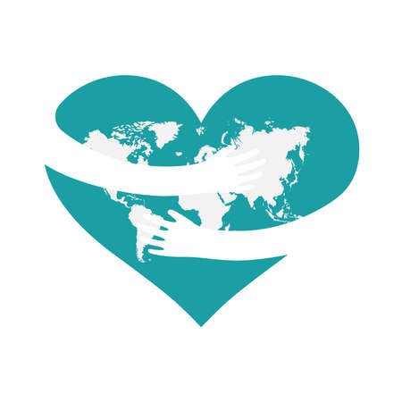Save the planet, Hands embrace the earth in the shape of a heart. Cute cartoon Earth Day vector clip art illustration.のイラスト素材