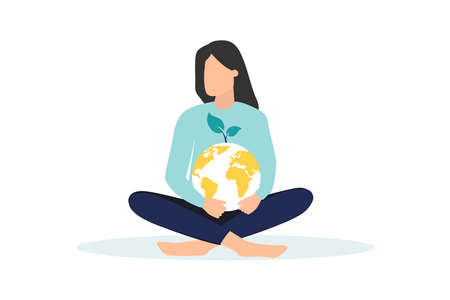 Vector flat style concept for environmental protection and ecology. Dvushka protects planet Earth. Minimalist design with exaggerated objects. Floral elements on the background.のイラスト素材