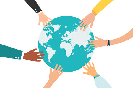 Planet earth and hand, multicolored design of peace and unity. vector illustrationのイラスト素材