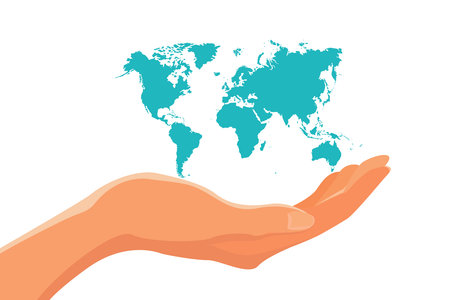 vector illustration, hands hold the planet from pollution, save the planet, small factories process, save energy, Earth Day concept - vectorのイラスト素材