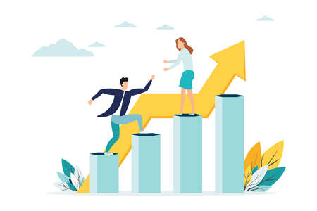 Employees giving hands and helping colleagues to walk upstairs. Team giving support, growing together. Vector illustration for teamwork, mentorship, cooperation concept.のイラスト素材