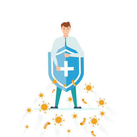 virus protection and quarantine or business risk prevention from novel virus outbreak concept, businessman holding knight shield to protect from Virus pathogensのイラスト素材