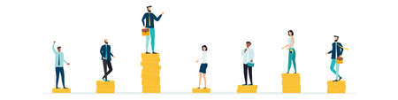 economic unequal. The gap between rich and poor.unfair income. people who are paid different money. White rich businessman standing on a tower of coins with a high salary with poor people black and white on low piles.Vector.のイラスト素材