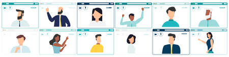 group video call. virtual window frames. Diverse group of young characters gathering together online. Vector.のイラスト素材
