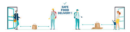 Safe delivery food. A courier wearing a medical mask delivers food a parcel during quarantine. Safe delivery concept with social distance. vector illustrationのイラスト素材