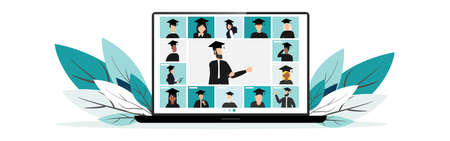 Virtual graduation ceremony. Graduate quarantine. Graduates in square academic cars communicate via video call. laptop screen. Communication of students graduates. vector illustrationのイラスト素材