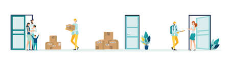 Safe delivery food. A courier wearing a medical mask delivers food a parcel during quarantine. Safe delivery concept with social distance. vector illustrationのイラスト素材