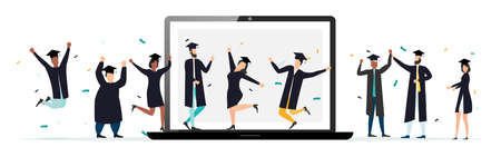 virtual prom. graduation quarantine. Graduates in square academic carriages communicate by video link. Laptop or gadget screen. Communication of graduate students. vector illustrationのイラスト素材