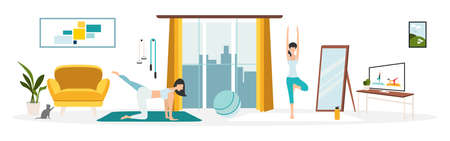 workout online. Stay at home. keep fit and positivity girl does exercises on a laptop and a monitor. healthy lifestyle. Coronavirus quarantine isolation. vector illustration.のイラスト素材
