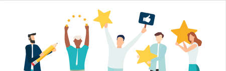 Customer feedback, testimonial, online survey concept. Group of people rating customer experience, writing review, leaving feedback. client, user satisfaction. Isolated flat vector illustrationのイラスト素材