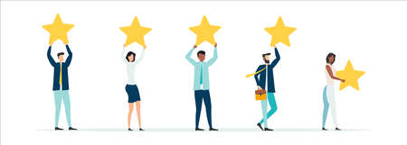 People are holding stars, giving five star Feedback. Clients choosing satisfaction rating and leaving positive review. Feedback consumer, customer review evaluation. vector illustration.のイラスト素材