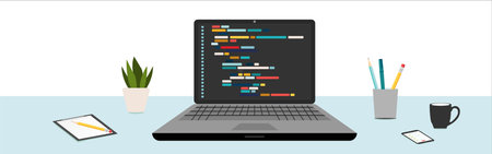 coding and programming software on window laptop computer screen concept, vector flat design...