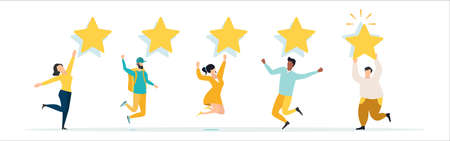 People are holding stars, giving five star Feedback. Clients choosing satisfaction rating and leaving positive review. Feedback consumer, customer review evaluation. vector illustration.のイラスト素材