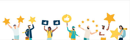 Customer feedback, testimonial, online survey concept. Group of people rating customer experience, writing review, leaving feedback. client, user satisfaction. Isolated flat vector illustrationのイラスト素材