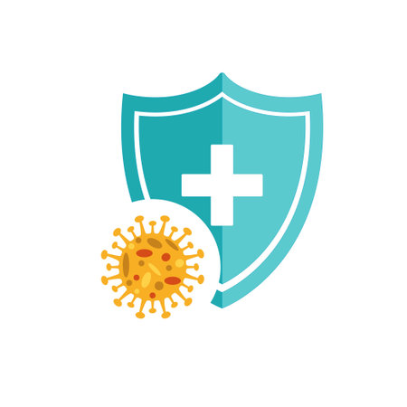 Immune system vector icon logo. virus protection. Medical prevention of human germs. Blue shield with a white cross and a virus in a white circle on the shield. vector illustrationのイラスト素材