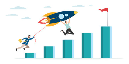 A person strives for a goal. upward movement. The goal is victory. Hit the mark. man on a rocket flies to victory. chart up. Vector.のイラスト素材