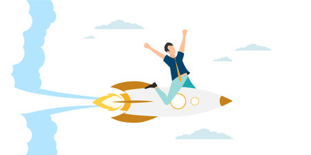 A person strives for a goal. upward movement. The goal is victory. Hit the mark. man on a rocket flies to victory. chart up. Vector.のイラスト素材