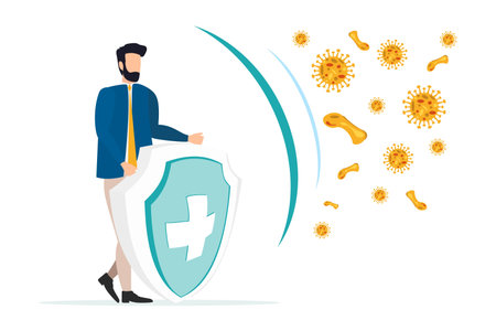 Immune system vector icon logo. Protection against bacteria health viruses. Medical prevention of human germs. A healthy man stand behind a shield and repel an attack of bacteria by the shield. Enhance immunity with medicine concept illustration.のイラスト素材