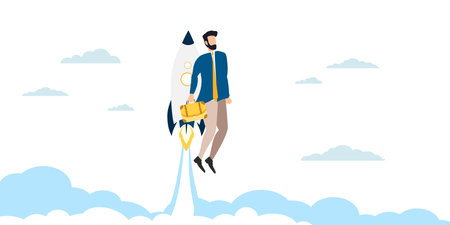 A person strives for a goal. upward movement. The goal is victory. Hit the mark. man on a rocket flies to victory. chart up. Vector.のイラスト素材