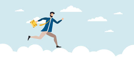Job improvement, career path to growth, achievement and success in work or leadership to win business concept, confidence smart businessman in a suit with a briefcase running up the arrow to the sky. - Vector.のイラスト素材
