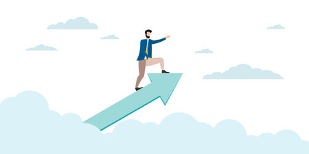 The businessman on the arrow flies forward. striving to the top. The team provides support, grows...