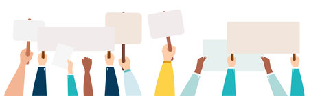 People holding sign. Protest demonstration or picket. Youth crowd against violence, pollution, discrimination, human rights violation - Vector.のイラスト素材