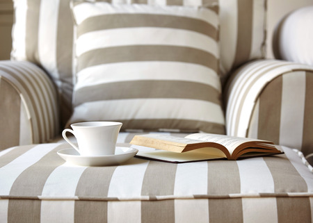 Sofa with Book and coffee cup and Pillows Home Interior decorationの写真素材