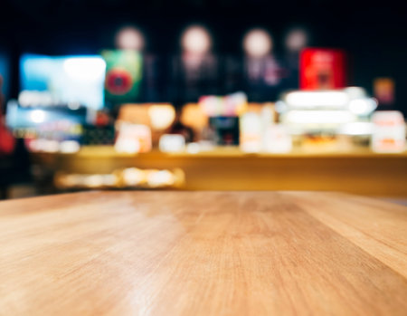 Table top Counter with Blurred Cafe Bar interior background