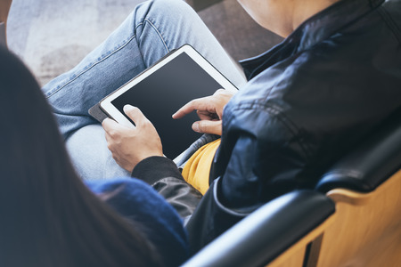 Man Using Tablet Blank screen Social Media conceptの写真素材