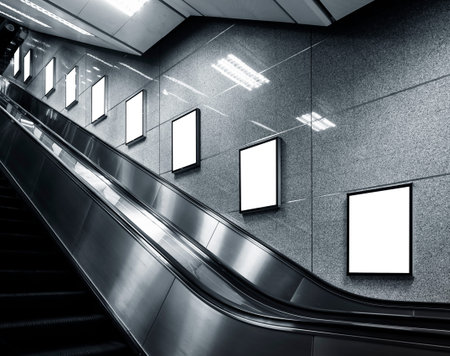 Mock up Poster media template Ads display in Subway station escalatorの写真素材
