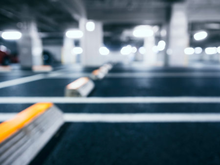 Blurred car park indoor Basement with Neon Lightingの写真素材