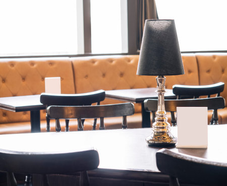 Table top and mock up menu with sofa seat Cafe Restaurant Interior background