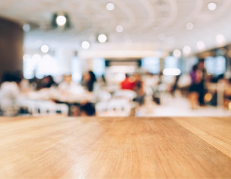 Table top Counter with Blurred People and Restaurant Shop interior background