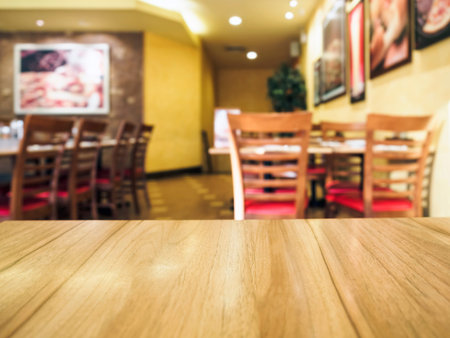Wooden Table top with Restaurant Background
