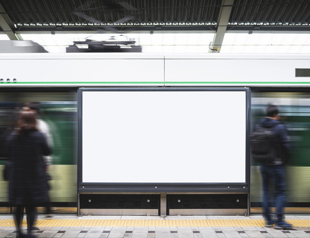 Blank Billboard Banner Light box in Subway station with blurred people Travelの写真素材