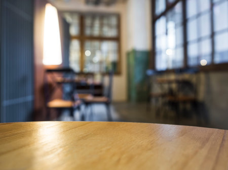 Table top with blurred bar cafe interior background