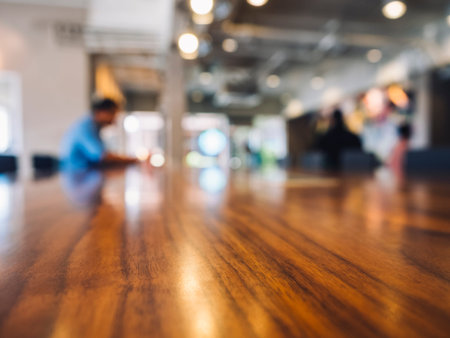 Table top counter with Blurred People in Restaurant Cafe backgroundの写真素材