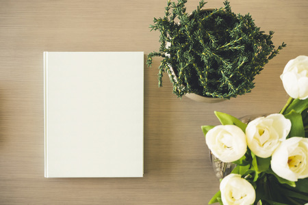 Blank Mock up Book cover on table with Plant white rose Flowerの写真素材