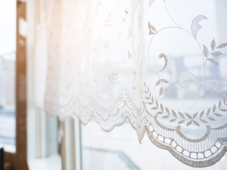Lace curtain Window frame with morning light Vintage Home interior decorationの写真素材