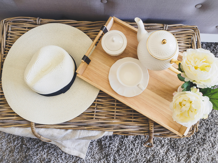 Tea cup set on wooden tray Fashion Hipster lifestyle decoration object Summer holidayの写真素材