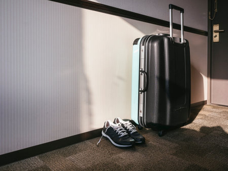 Travel Luggage with sport shoe in Hotel room Travel vacation conceptの写真素材