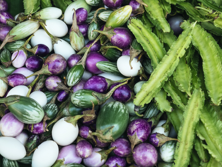 Thai Eggplants and Winged Bean fresh Vegetables local Market の写真素材
