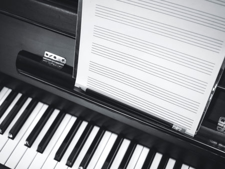 Piano keyboard Music sheet Black and white classic musicの写真素材