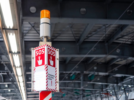 Emergency train stop button Signage with light SOS in Public train station