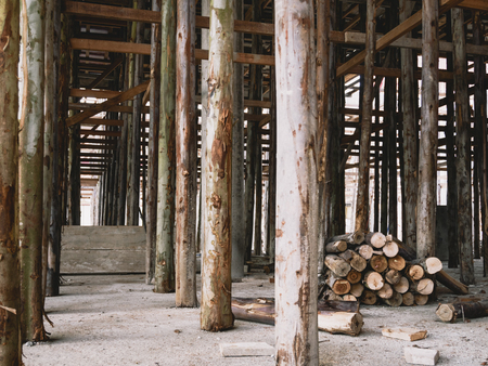 Wooden construction Building structure Industrial scaffold in construction siteの写真素材