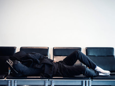 Traveler sleep on seats waiting area transit flight people Jet lag