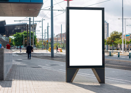 Mock up Banner stand Media outdoor people walking on City streetの写真素材