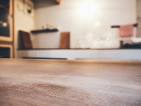 Table top wooden counter Blur kitchen Pantry Home Interiorの写真素材