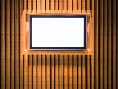 Mock up Digital screen Media display Indoor building Wooden wallの写真素材